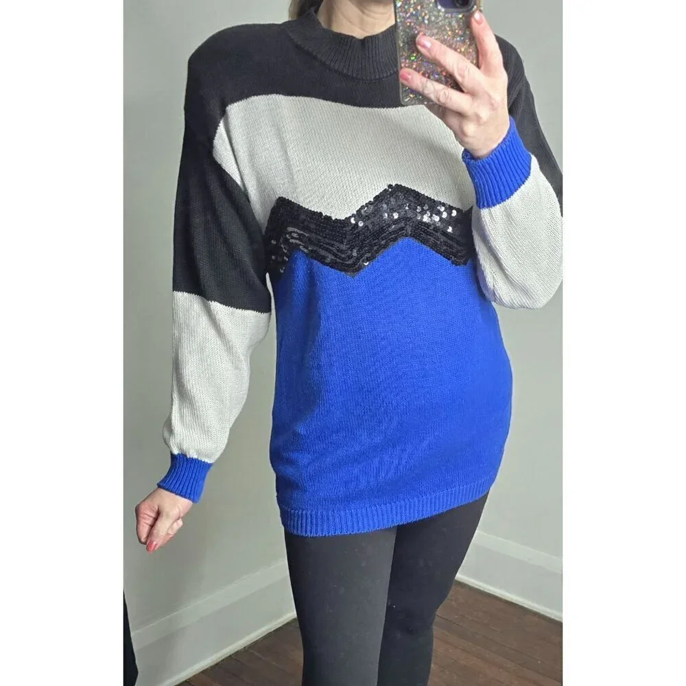 Vintage 90s Colorblock Sequin Sweater Chevron Maximalist